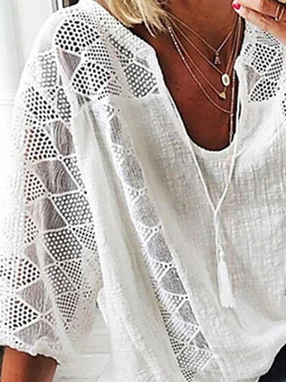 Lace Stitching U-neck 3/4 Sleeve Blouse - LuckyFash™