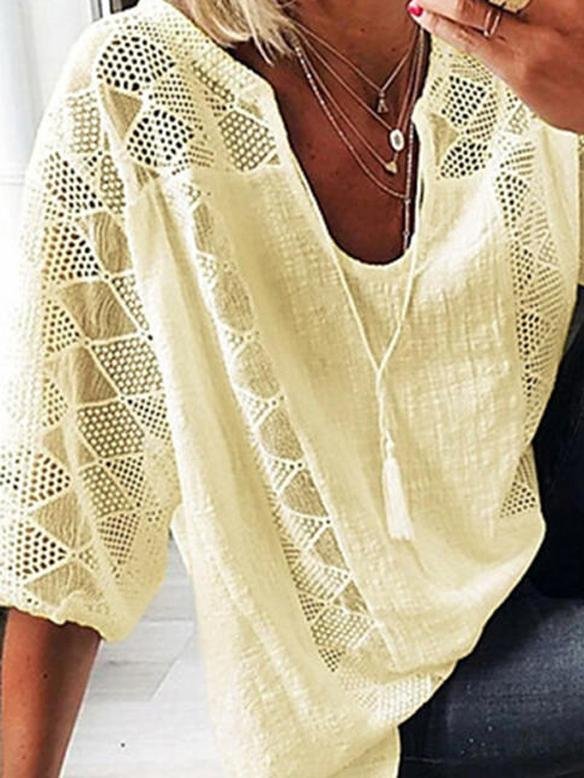 Lace Stitching U-neck 3/4 Sleeve Blouse - LuckyFash™
