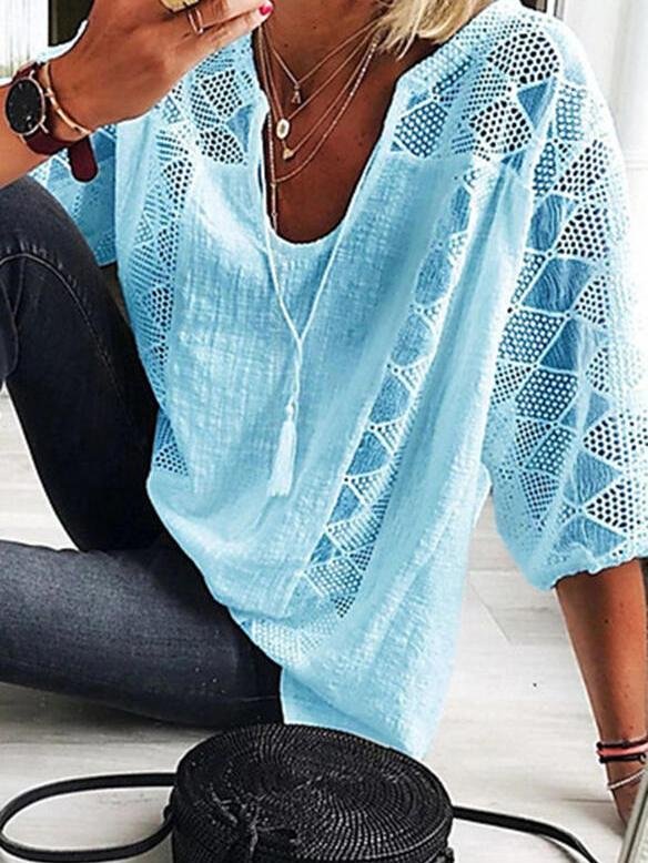 Lace Stitching U-neck 3/4 Sleeve Blouse - LuckyFash™