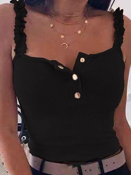 Lace Straps With Solid Buttons Tank Tops - LuckyFash™