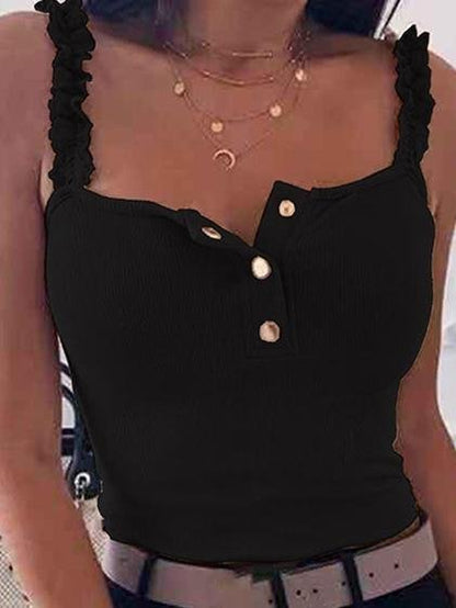 Lace Straps With Solid Buttons Tank Tops - LuckyFash™