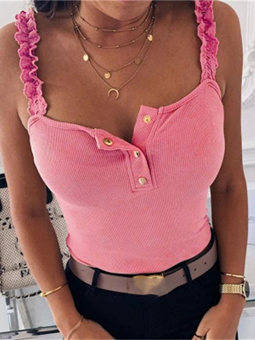 Lace Straps With Solid Buttons Tank Tops - LuckyFash™