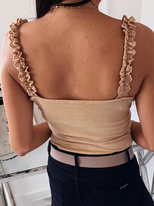 Lace Straps With Solid Buttons Tank Tops - LuckyFash™