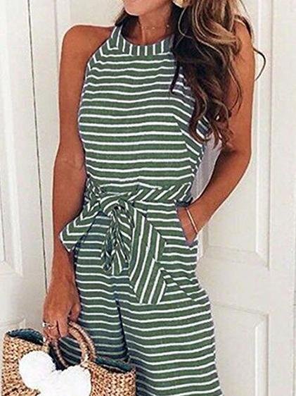 Lace-up Striped Round Neck Jumpsuit - LuckyFash™