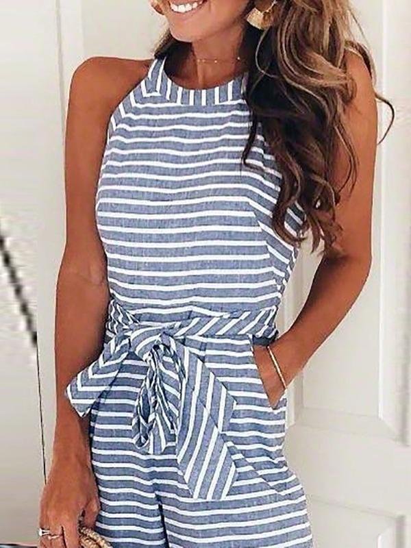 Lace-up Striped Round Neck Jumpsuit - LuckyFash™