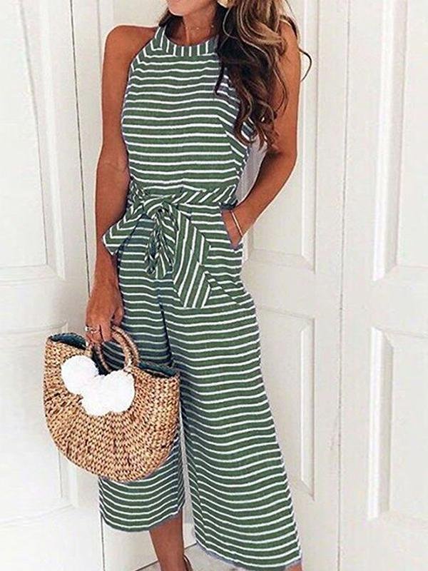 Lace-up Striped Round Neck Jumpsuit - LuckyFash™