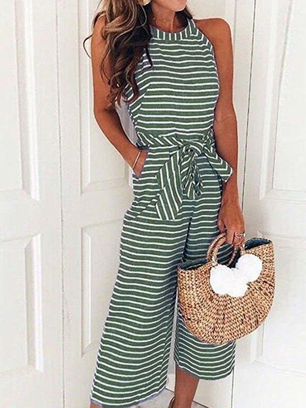 Lace-up Striped Round Neck Jumpsuit - LuckyFash™