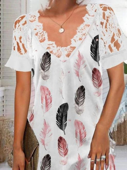 Lace V-neck Feather Print Dress - LuckyFash™