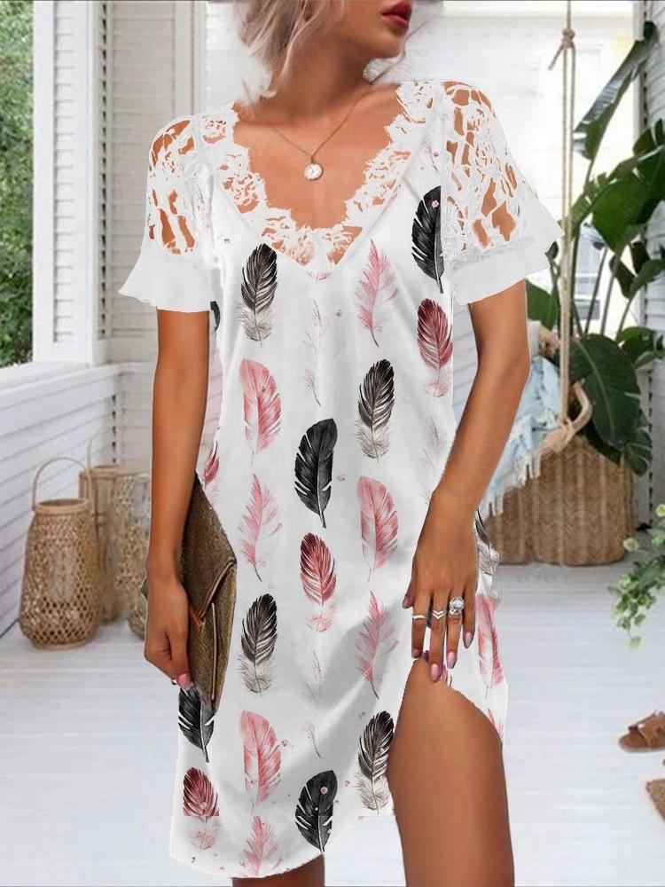 Lace V-neck Feather Print Dress - LuckyFash™