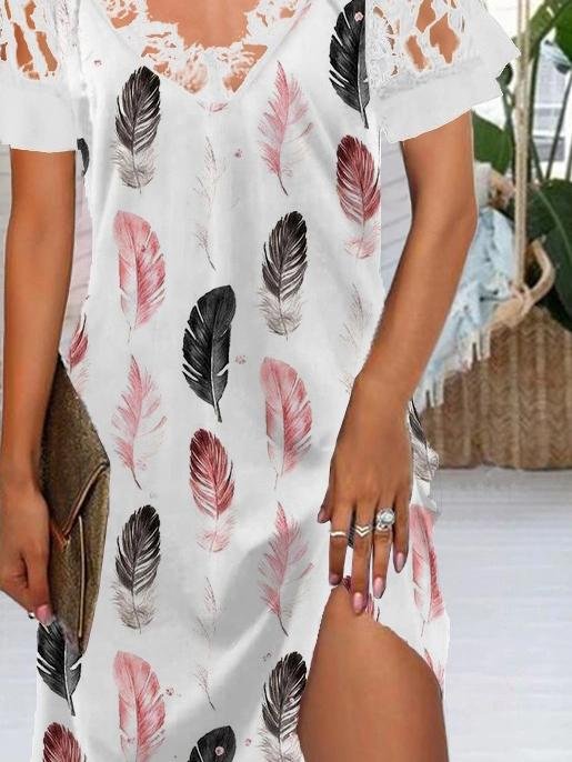 Lace V-neck Feather Print Dress - LuckyFash™