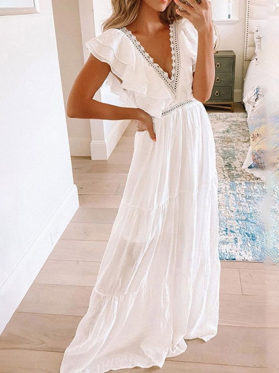 Lace V-Neck Short Sleeve Charming Dress - LuckyFash™