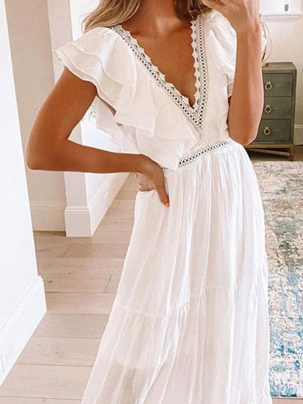 Lace V-Neck Short Sleeve Charming Dress - LuckyFash™