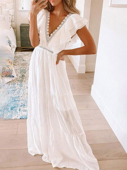 Lace V-Neck Short Sleeve Charming Dress - LuckyFash™