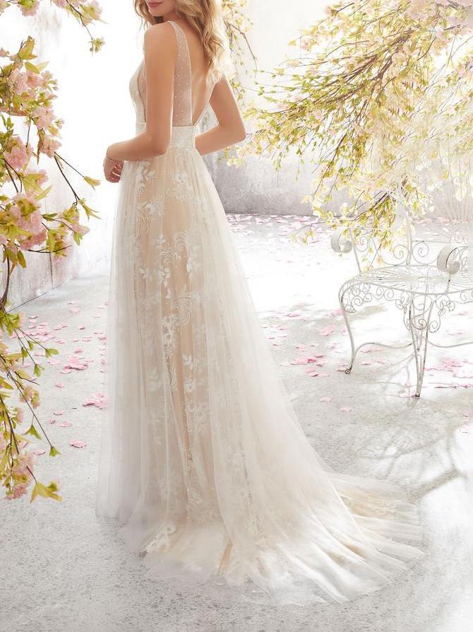 Lace V Neck Sleeveless Bridesmaid Long Dress - LuckyFash™