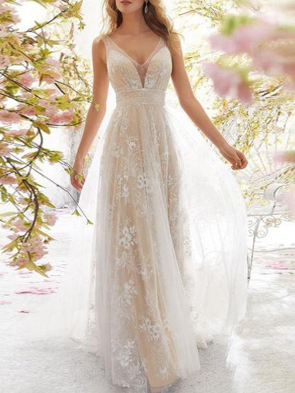 Lace V Neck Sleeveless Bridesmaid Long Dress - LuckyFash™