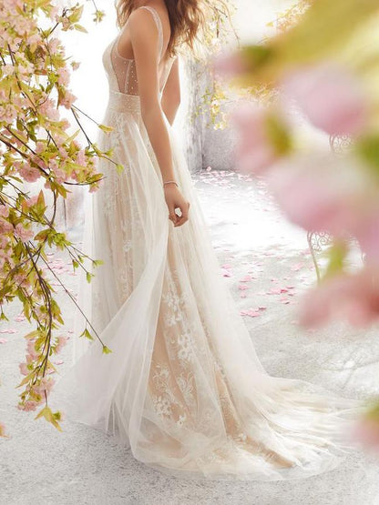 Lace V Neck Sleeveless Bridesmaid Long Dress - LuckyFash™