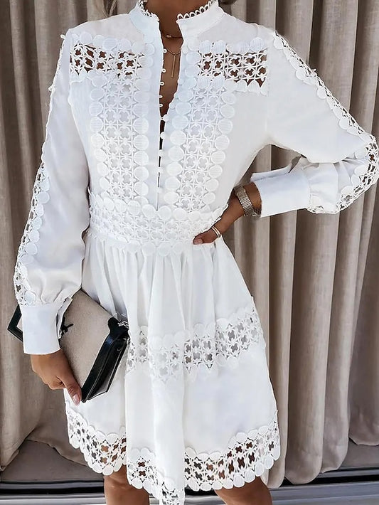 Women's A Line Dress Mini Dress White Long Sleeve Pure Color Lace Summer Spring Stand Collar Fashion Winter Dress Fall Dress 2023 S M L XL XXL 3XL - LuckyFash™