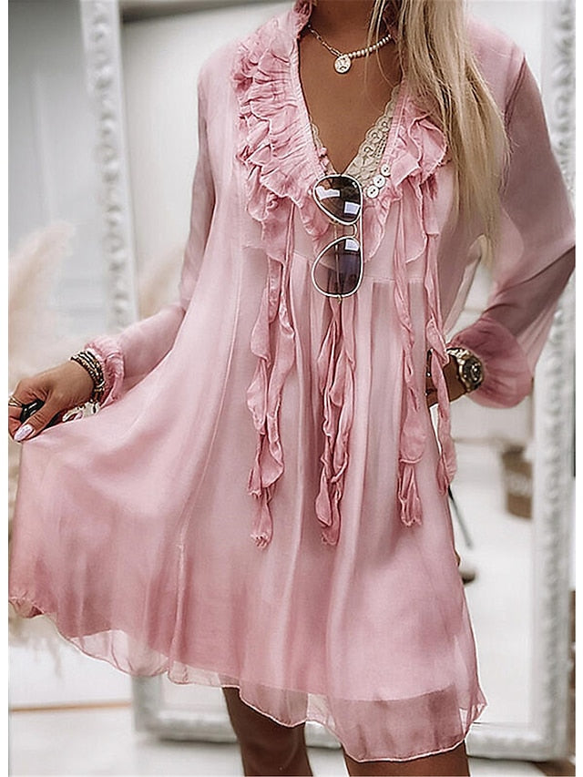 Women's Chiffon Dress Knee Length Dress Pink Gray Long Sleeve Solid Color Ruffle Summer Spring V Neck Casual Winter Dress Fall Dress 2023 S M L XL XXL - LuckyFash™