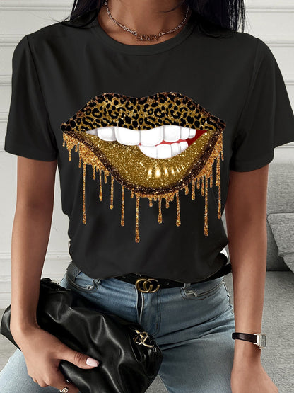 Leopard Lip Print Crew Neck T-shirt - LuckyFash™