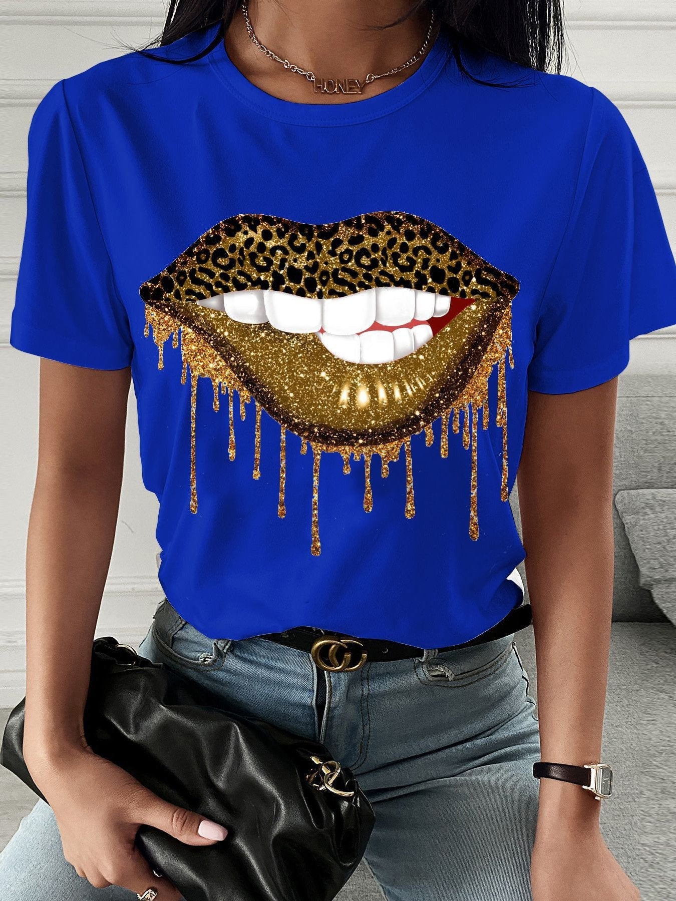 Leopard Lip Print Crew Neck T-shirt - LuckyFash™