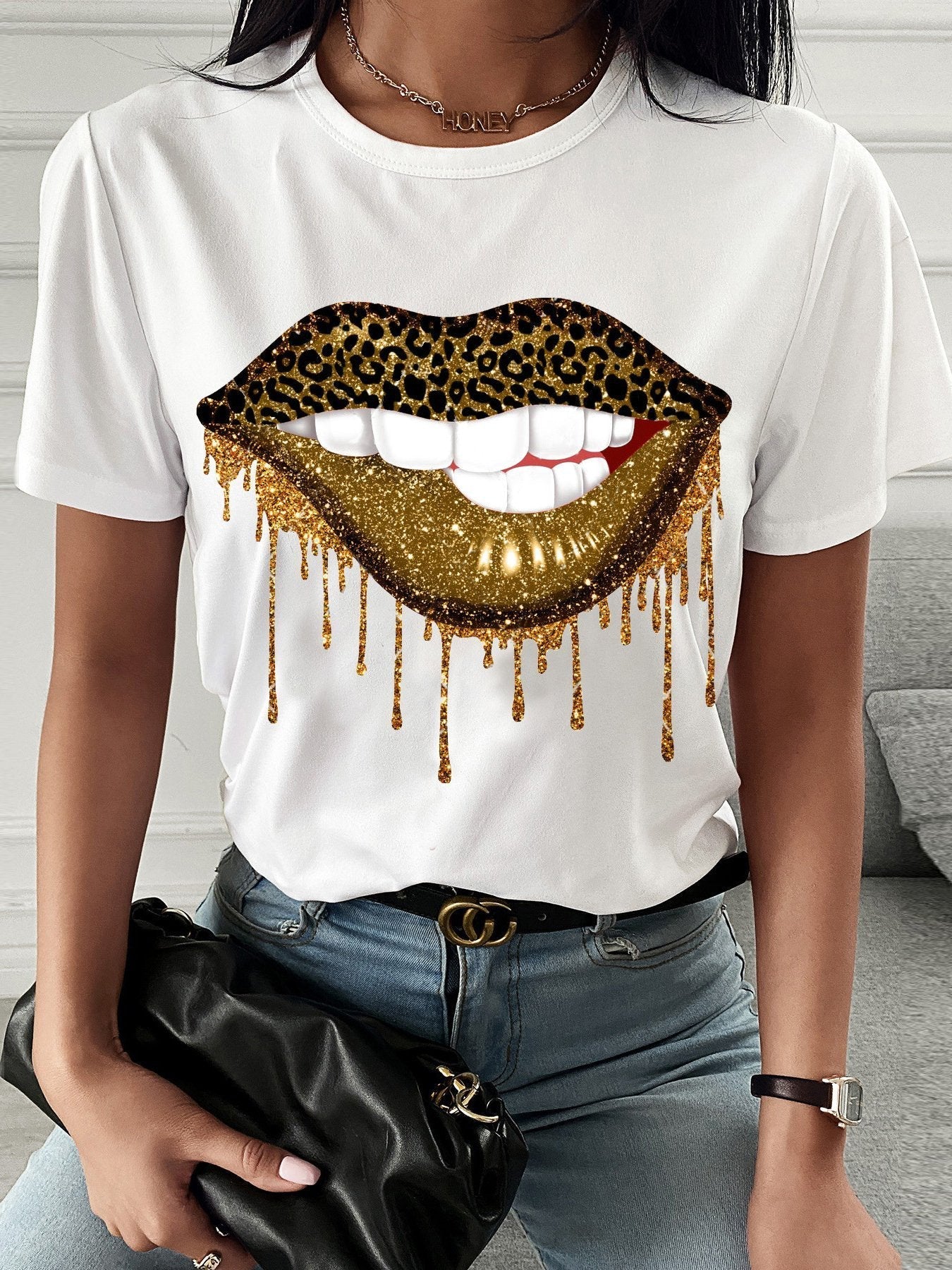 Leopard Lip Print Crew Neck T-shirt - LuckyFash™