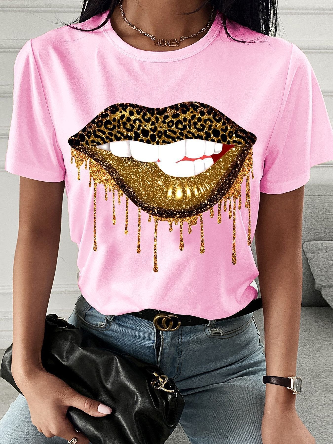 Leopard Lip Print Crew Neck T-shirt - LuckyFash™