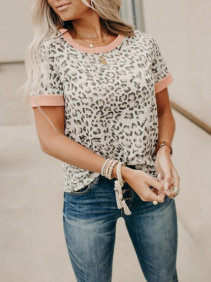 Leopard Print Color Round Neck T-shirt - LuckyFash™