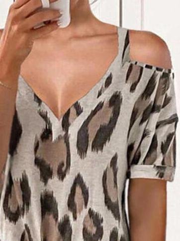 Leopard Print Off-Shoulder V-Neck Short Sleeve T-Shirts - LuckyFash™