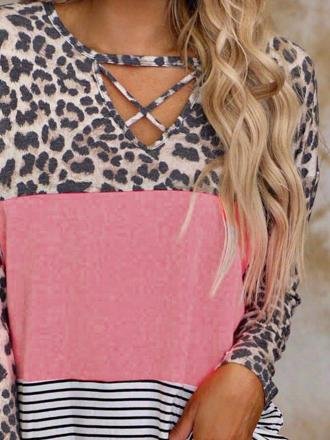 Leopard Print Stitching Long Sleeve V-Neck Casual T-Shirt - LuckyFash™