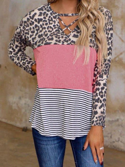 Leopard Print Stitching Long Sleeve V-Neck Casual T-Shirt - LuckyFash™