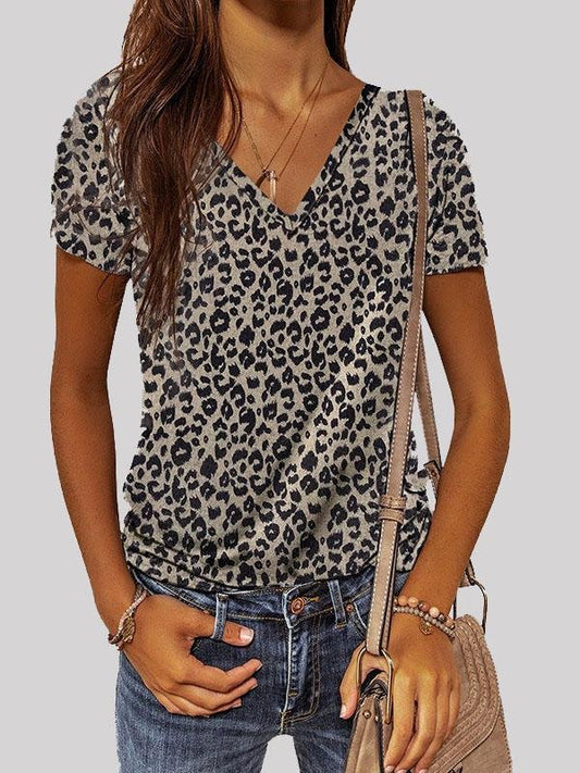 Leopard Print V-neck Short Sleeve Casual T-shirt - LuckyFash™