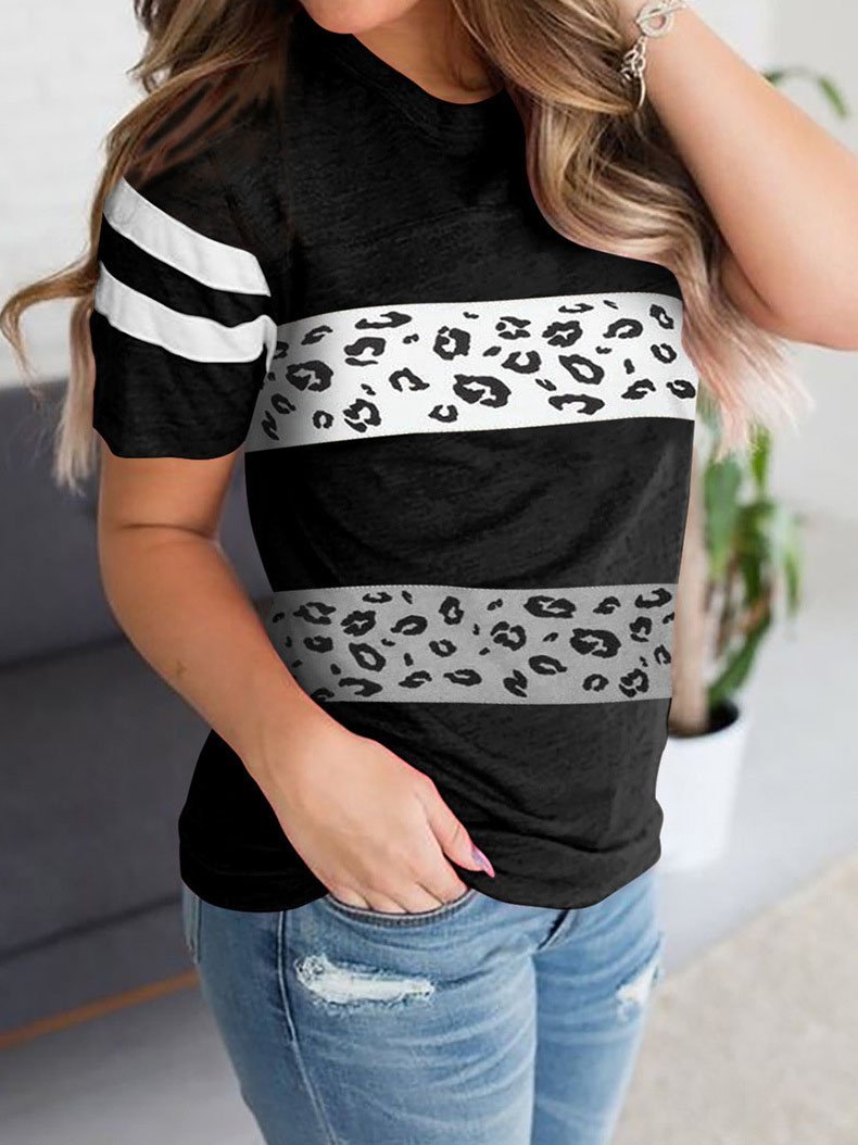 Leopard Stripe Print Round Neck Short Sleeve T-Shirts - LuckyFash™