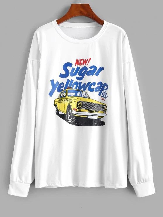 Letter Car Print Drop Shoulder Sweatshirt - LuckyFash™