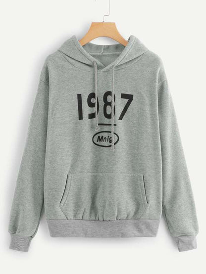 1987 Letter Graphic Drawstring Hoodie - LuckyFash™