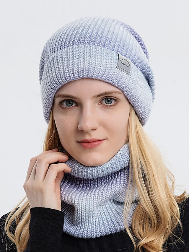 2pcs/set Winter Women Beanies Snood Sets Gradient Color Knitted Hat Warmer Fashion Outdoor Windproof Thicken Tie Dye Scarf Hat For Women - LuckyFash™