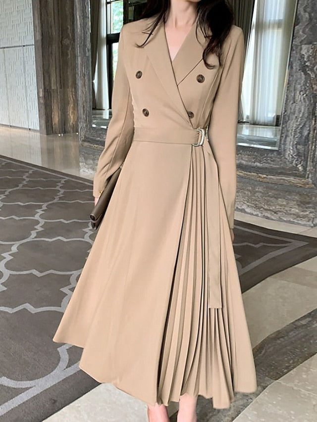 Women's Work Dress Blazer Dress Midi Dress Midi Dress Black Wine khaki Long Sleeve Pure Color Pleated Winter Fall Autumn Shirt Collar Elegant Winter Dress Fall Dress 2023 S M L XL 2XL 3XL - LuckyFash™