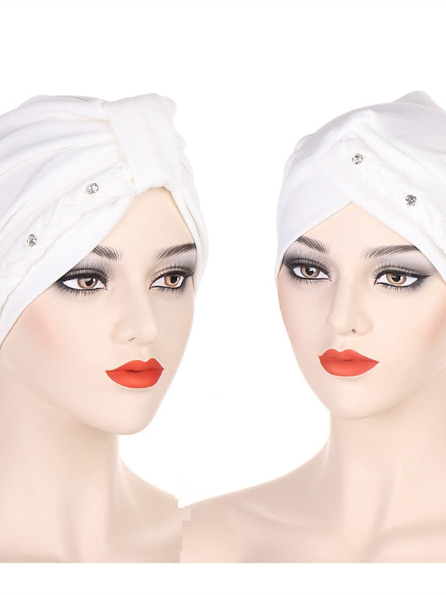 1PCS Trendy Two Dress Braid Turban Cap for Women with Crystal Muslim Head Wrap Islam Hijab Bonnet Hair Care Hat - LuckyFash™