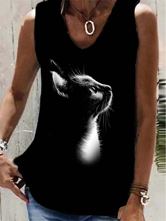 Women's Tank Top Black White Dark Gray Cat Portrait Print Sleeveless Casual Basic V Neck Regular 3D Cat Portrait S - LuckyFash™