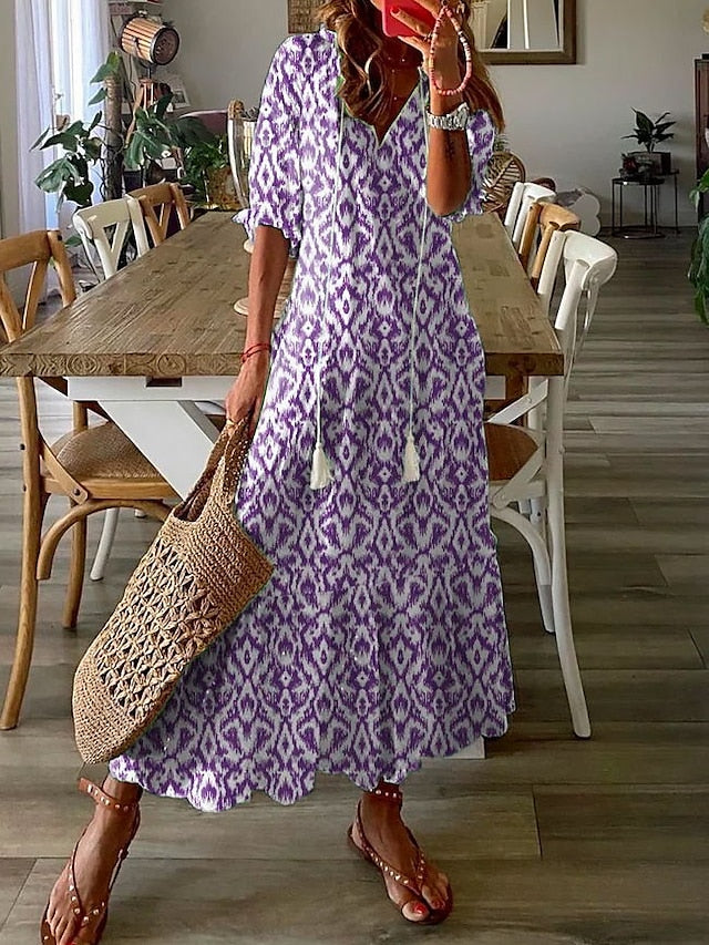 Womenâ€˜s A Line Dress Maxi long Dress Purple Half Sleeve Print Ruched Print Spring Summer V Neck Casual Vacation 2023 3XL - LuckyFash™