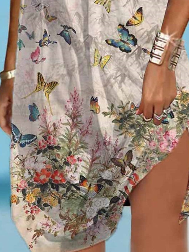 Women's Beach Dress Beach Wear Mini Dress Print Tropical Fashion Butterfly Spaghetti Strap Sleeveless Loose Fit Outdoor Daily Beige 2023 Summer Spring S M L XL - LuckyFash™