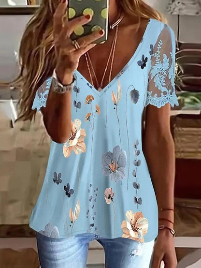 Women's T shirt Tee Light Blue Black White Floral Lace Print Short Sleeve Holiday Weekend Basic V Neck Regular Floral Painting S - LuckyFash™