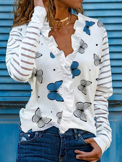 Long Sleeve Butterfly Print Lapel Blouses - LuckyFash™