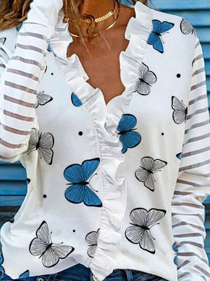 Long Sleeve Butterfly Print Lapel Blouses - LuckyFash™