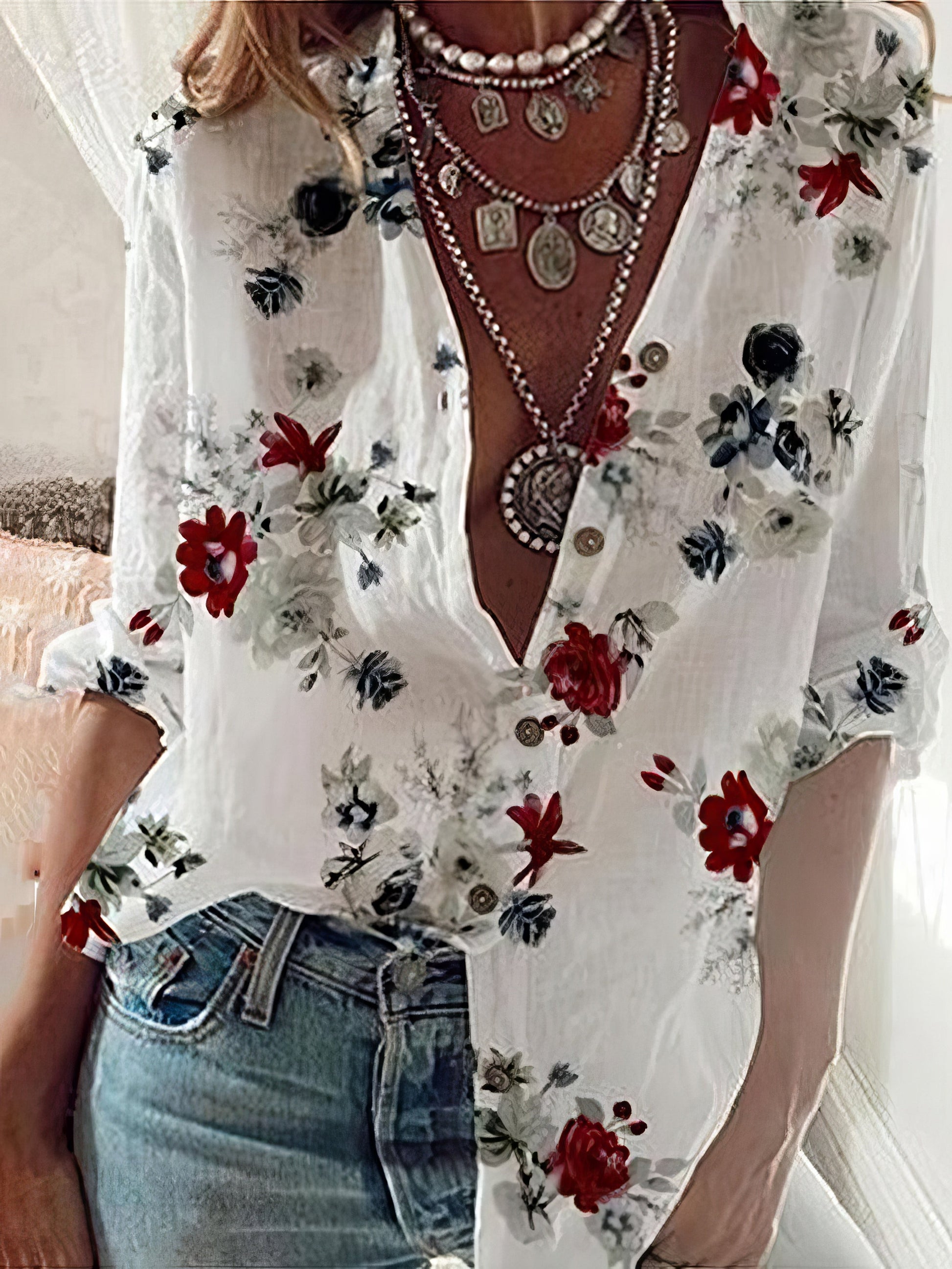 Long Sleeve Flower Print Lapel Shirt - LuckyFash™