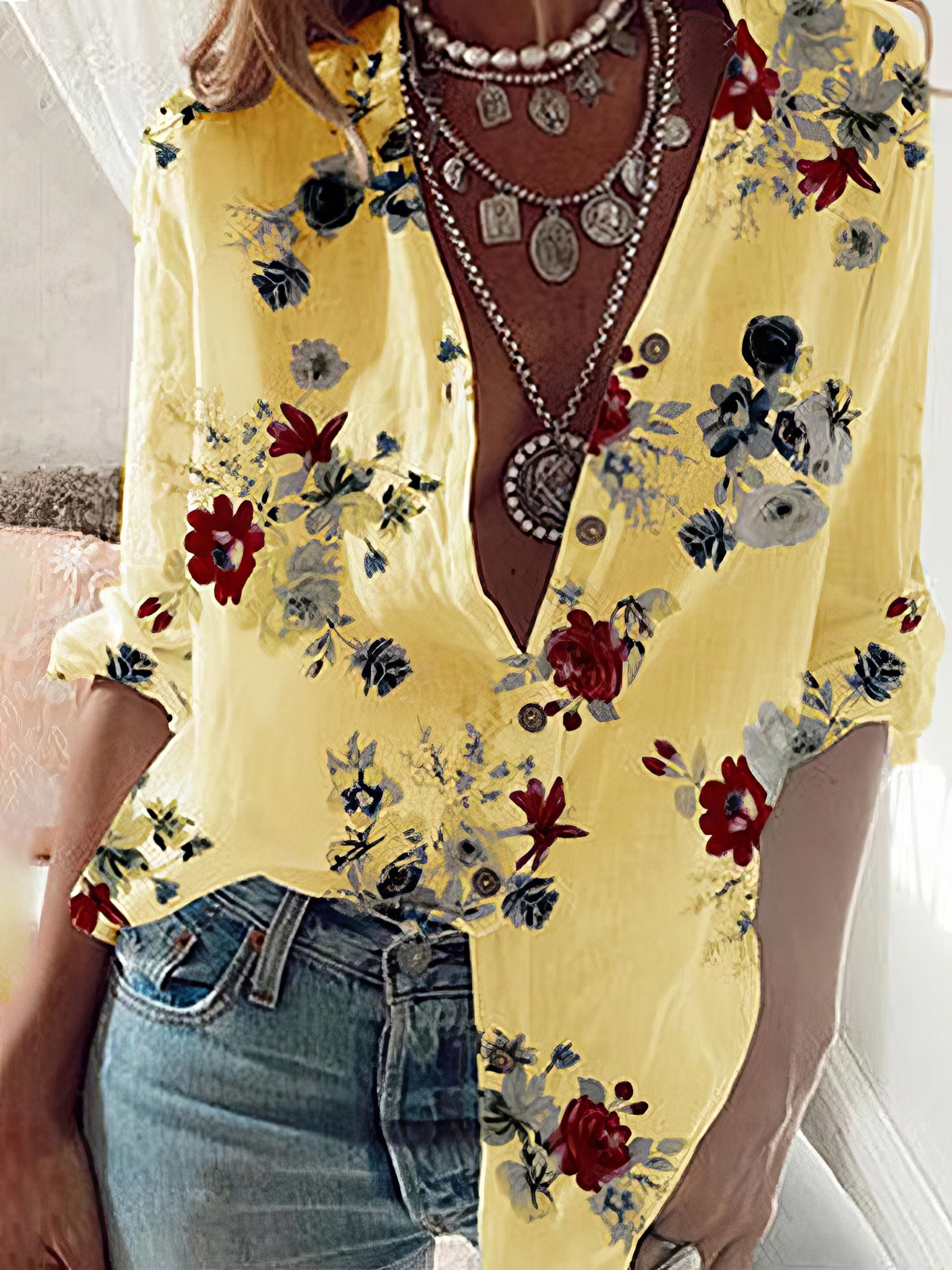 Long Sleeve Flower Print Lapel Shirt - LuckyFash™