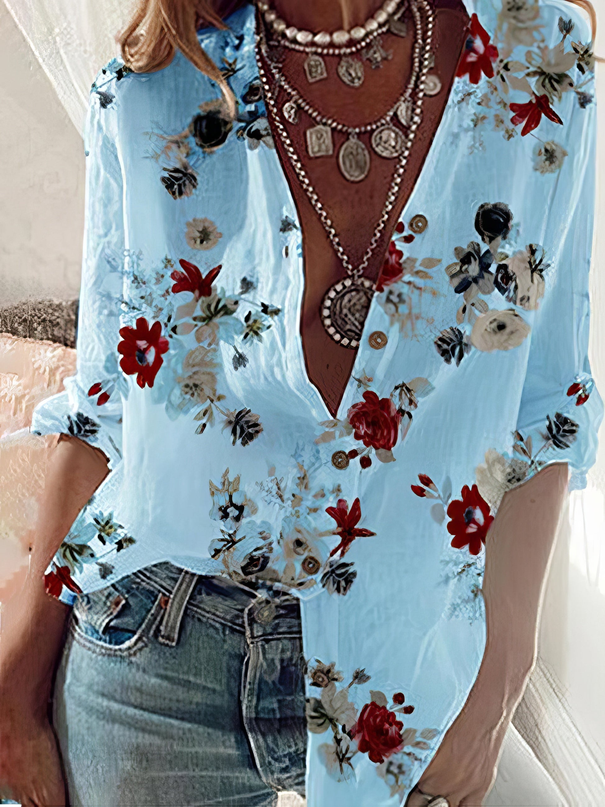Long Sleeve Flower Print Lapel Shirt - LuckyFash™
