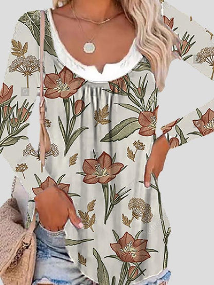 Long Sleeve Printed Fake Two-Piece Round Neck T-Shirt - LuckyFash™