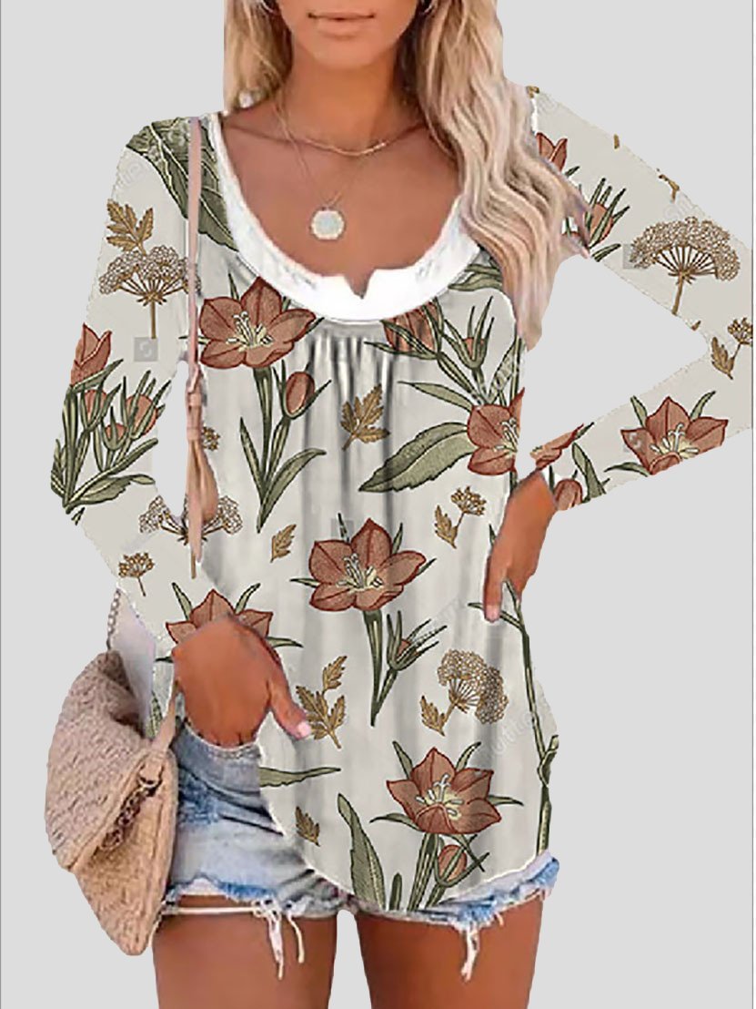 Long Sleeve Printed Fake Two-Piece Round Neck T-Shirt - LuckyFash™