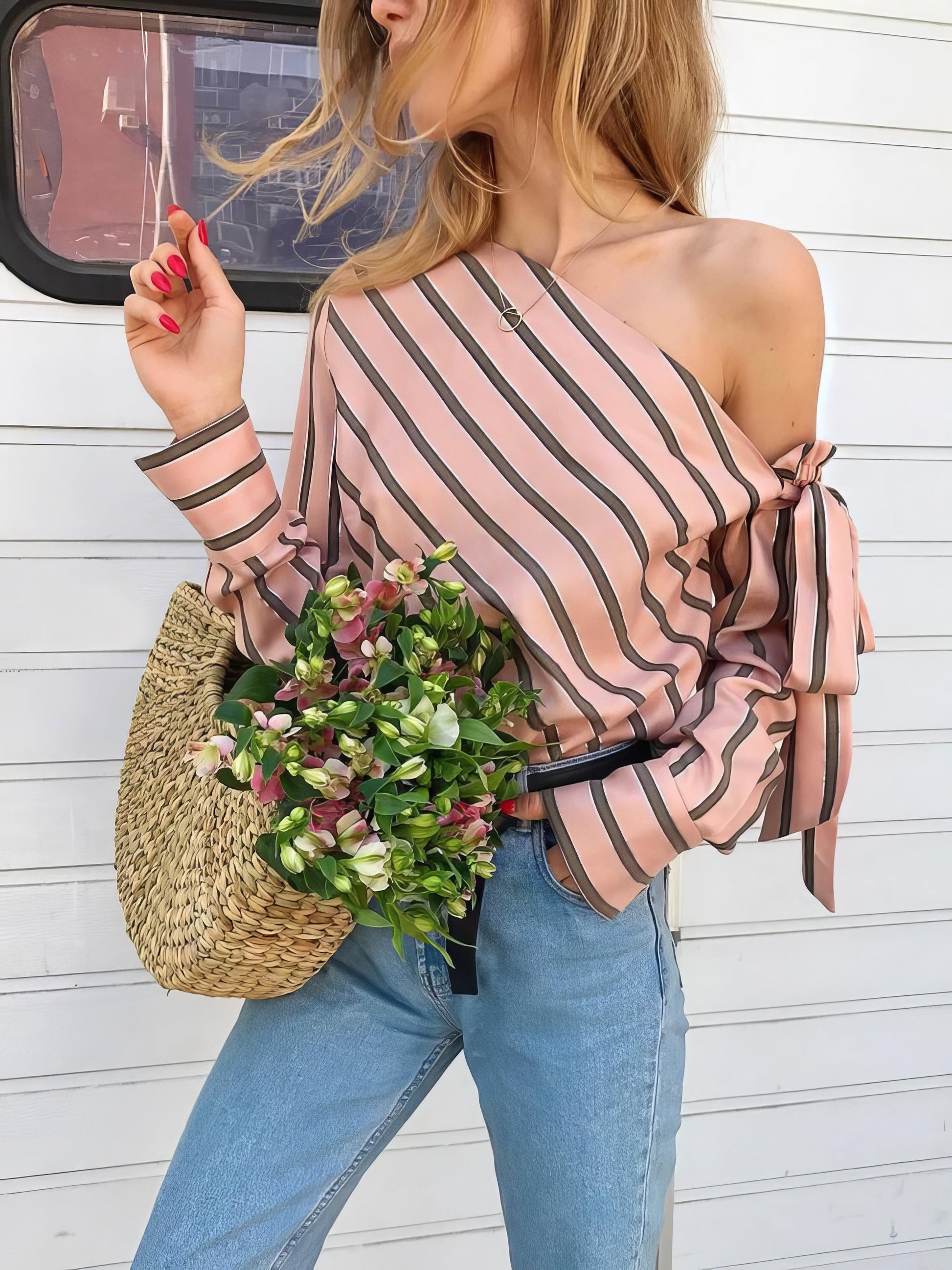 Long Sleeve Slanted Shoulder Striped Shirt - LuckyFash™