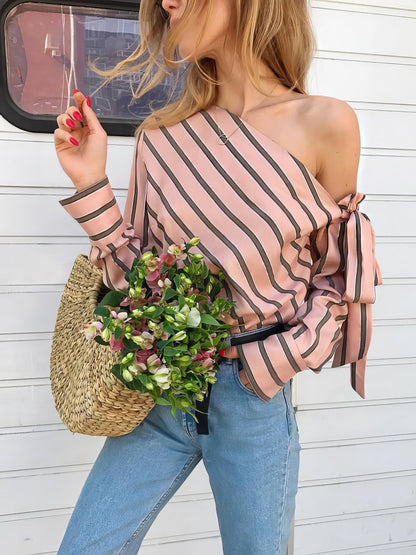 Long Sleeve Slanted Shoulder Striped Shirt - LuckyFash™